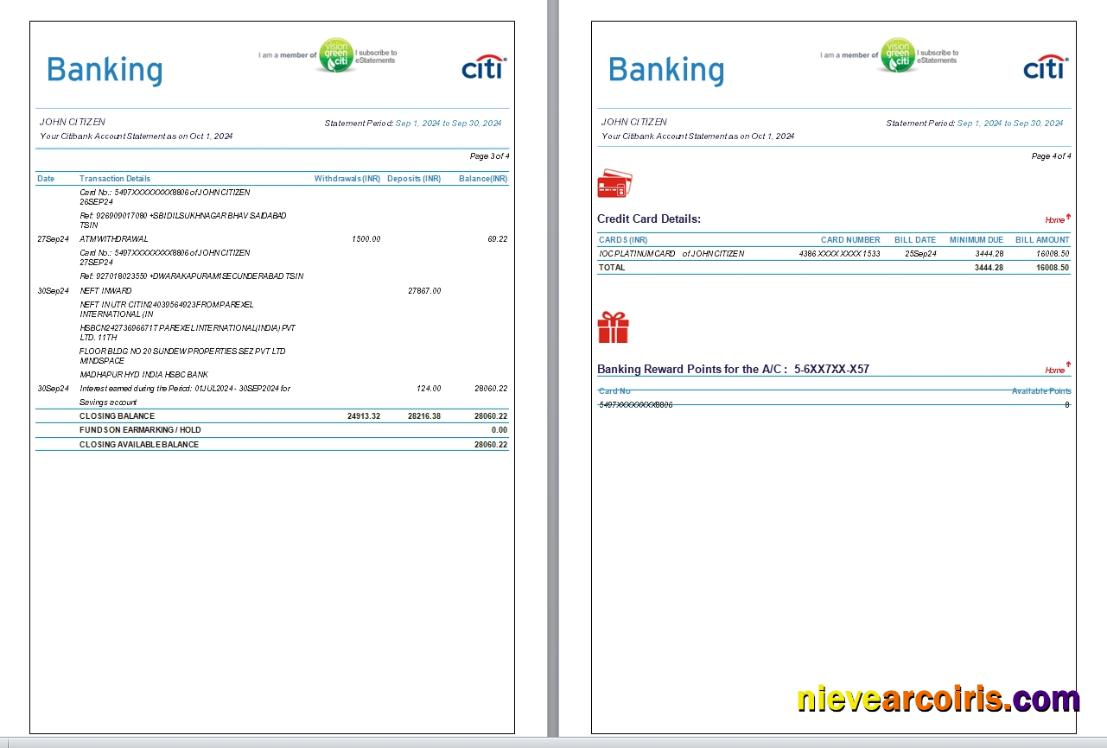 India Citibank bank statement, 6 pages, 3-4 scr